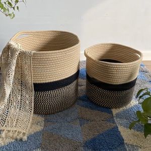 pzcf  Toys Clothes Cosmetics Organizer Indoor Planter Flower Pot Holder Large Capacity Hand-woven Cotton Rope Basket Woven Flower Pot Storage Basket Dirty Clothes Basket Minimalist