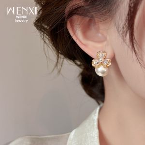 WENXI | Bông Tai Hình Hoa Ba Lá Đá Zircon Màu Vàng Nhẹ Nhàng