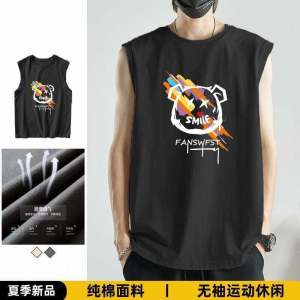 Mens Summer Cotton Fitness Sports Vest American Basketball Casual Quick Dry Sleeveless T-Shirt round Neck Sweat Vest