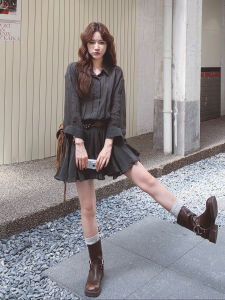 Gray Korean Style Big Female Personality Fashionable Shirt Dress Womens Autumn New High-End Feelings Stylish Casual Dress