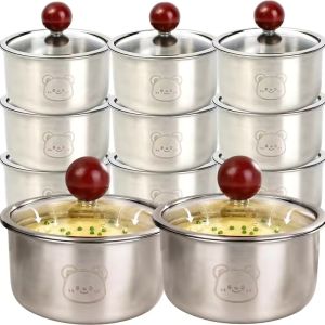 Stainless Steel Steamed Egg Bowl with Glass Lid and Beech Handle 11.2x6cm 304 Food Grade for Steaming Baking Kitchen