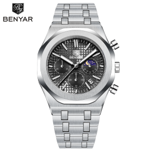 BENYAR | BENYAR Luxury Moonphase Watch Black Grid Dial Chronograph Stainless Steel Integrated Strap Business Wear Mens Quartz Watch
