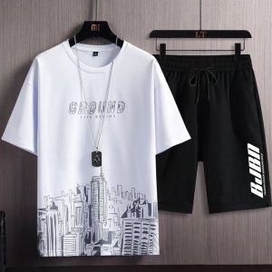 Ice Silk Casual Set Summer New Fashionable Large Size Short Sleeve T-shirt and Shorts Sporty Mens Two-Piece Outfit