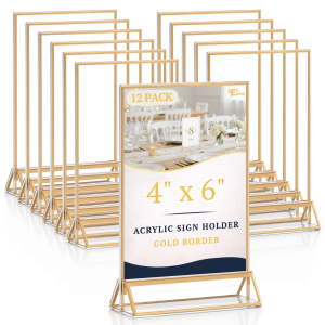 2Pack Acrylic Sign Holder Double Sided Gold Picture Frame Stand up Table Top Sign Holders Clear Display Stand Menu Wedding Party