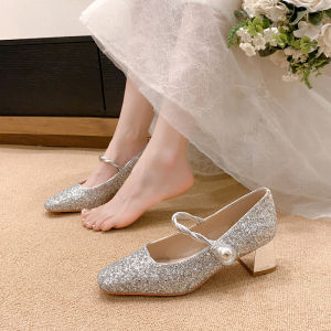 Mary Jane Wedding Shoes Womens New 2024 Comfortable Chunky Heel Engagement Shoes Daily Wear Medium Heel Pearl Embellished