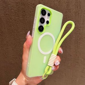 Luxury Candy Color Soft With lanyard Silicone Magsafe Matte Phone Case for iPhone 14 15 16 16e 17 Air 11 12 13 Pro Max Plus Wireless Charge Magnetic Cover With Wrist Strap Casing