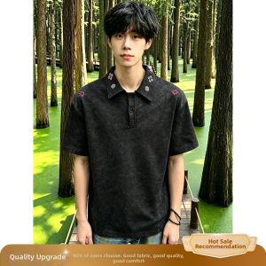 OUMULONG | Tie-dye Embroidered Short Sleeve Polo Tshirt for Men