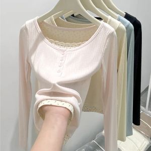 New Womens Long Sleeve T-shirt U Collar Spring and Autumn Slim Top French Style Womens Wear with Fake Two Lace Edge Y2k Top