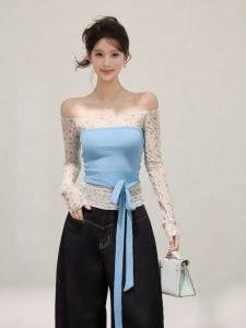 THROUS | Áo Thun Nữ Ôm Body Vai Trễ Nhiều Lớp MESH Hoa Văn