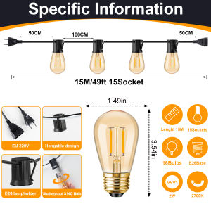 Plastic S14 String Light 220V EU Plug Warm White Amber 2W Waterproof Shatterproof Vintage Outdoor Decoration New Years Garland