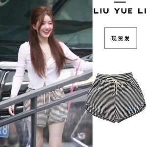 Zhao Lusi Celebrity Style Black and White Striped Shorts for Women High Waist Slimming Loose Fitting Casual Pants with Pocket