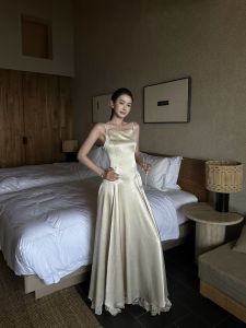 VENUIE | Champagne Satin Strap Dress Long