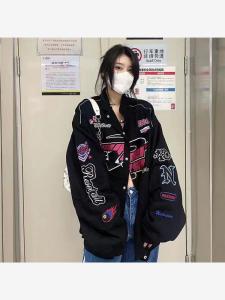 American Style Motorcycle Jacket Womens Spring Autumn New Retro Loose Print Match All Outerwear Racing Coat Trendy