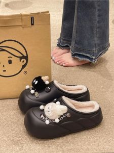 Cute Briquette Cotton Slippers Female Winter Indoor and Outdoor Thick Bottom Waterproof Non-Slip plus Velvet Heattech Closed-Toe Slippers