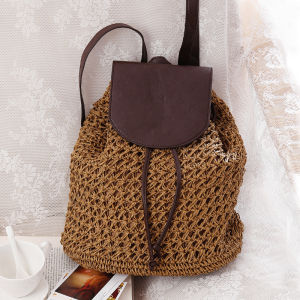 Summer New Style Womens Trendy Double Shoulder Paper Rope Woven Bag Casual Vacation Beach Handheld Forest System Backpack