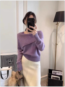 HUOLISI | French Wool One-Shoulder Collar Basic Knitwear