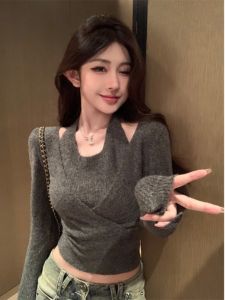 Áo Len Dệt Kim Cổ Treo Màu Xám Cho Nữ Mùa Thu 2025 Dáng Ôm Vừa Vặn Ngắn Giả Hai Mảnh Áo Len Cơ Bản Kiểu Dáng Thông Thường