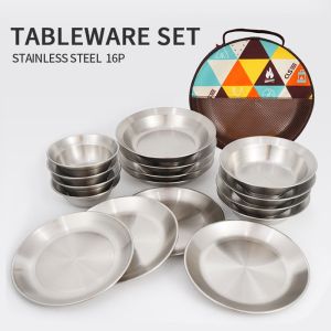 Outdoor Stainless Steel Dining Plate Set Portable Camping Barbecue Dish Home Use 16 Piece Set Soup Basin Bowl Plate