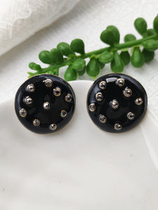 Fashionable Black Drip Oil round Silver Needle Stud Earrings Stylish Alloy Embedded Artificial Gem Womens Jewelry B861