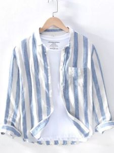 Áo Sơ Mi Nam Mùa Xuân Hè Mỏng Dài Tay Phong Cách Hồng Kông Thường Ngày Rộng Rãi Dài Tay Sọc Ngắn Áo Sơ Mi Đa Năng