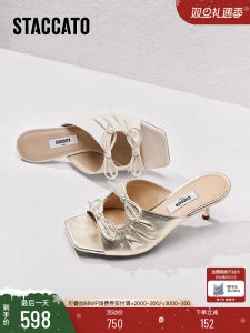 Staccato 2025 New Creamy Sandals French Vintage Thin High Heel Square Head Womens Shoes Elegant Style Butterfly Knot Rubber Sole