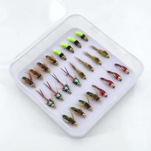 24PCS/Box Brass Bead Head Nymph Kit Fast Sinking Wet Hares Ear Nymph Epoxy Nymph Copper John Scuds Bug Fly Trout Fishing Lures