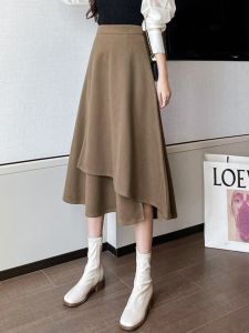 Woolen Skirt Womens Mid-Length Autumn and Winter Elegant Drape Asymmetrical Pleated A- line Skirt High Waist Umbrella Skirt Large Swing Skirt