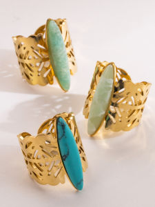 French Vintage Natural Stone Stainless Steel Open Ring Colorful Elegant High-End Wide Finger Ring Versatile Fashion Jewelry