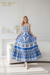 WOMEN CLOTHING SUMMER DRESS SLEEVELESS STRAP MAXI DRESS WITH FLORAL BOTANICAL EMBROIDERY DESIGN PRINTS MAXI DRESS