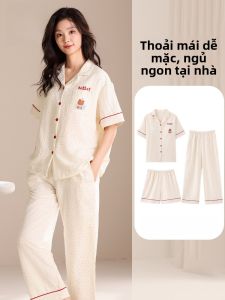 MiiOW | Bộ đồ ngủ mùa hè cho nữ MiiOW Cat Face Áo len cardigan tay ngắn mỏng thoáng khí ngọt ngào Bộ đồ ngủ ba mảnh mặc nhà