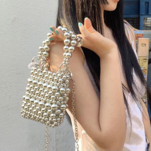 Handmade DIY Material Silver Handbag Womens Crossbody Bag Retro Style Pearl Simulation Soft Leather Casual Fashion Summer Bag