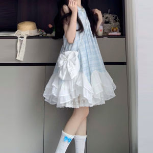 Y6Y | French Blue Plaid Sleeveless Neck Hanging Strap Dress Women Summer New Style Vest Short Skirt Sweet A-Line Skirt Polyester Fiber