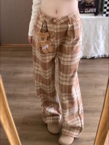 Bear Doll Plaid Pants Womens Spring Autumn Winter Fleece Lined Retro Workwear Wide Leg Casual Khaki Jazz Dance Pants