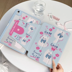 เคสiPad Gen10 cute แมวขาว Air6 พับสามทบ  blue หมุน 360 for iPad Air7 Gen11 Gen9 Air5 Air3