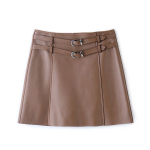 High Waist A-Line Skirt Large Size Metal Buckle Waist Belt Matte PU Leather Half Body Skirt OL Style Commute Zipper Design