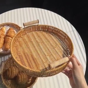 【BHQ FU】ตะกร้าหวายสาน พร้อมที่จับ ถาดขนมปัง ถาดผลไม้เสริฟ ถาดอาหารหวาย ถาดกลม กาแฟ สำหรับร้านกาแฟ