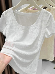 Áo Thun Tay Ngắn Lưới Màu Trắng Mùa Hè 2025 Cho Nữ Dáng Ôm Cổ Chữ U Tay Ngắn Chất Liệu Polyester Thường Ngày