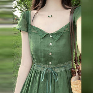 Váy midi chữ A ren cổ điển Pháp cho nữ mùa hè mới nhỏ nhắn eo dài váy dài màu trắng thanh lịch