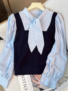 Fake Two Pieces Sweater vest Patchwork Long sleeve Shirts Women Autumn Fashion Age-Reducing Western Style All-Match Loose Lace-up Top