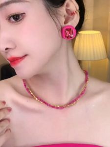 Fashionable Double Layered Overlap Necklace Pink Barbie Popular Purple Red Color Match All Necklaces Sweet Spicy High-End Feel