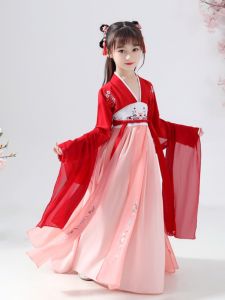 Elegant Childrens Hanfu Costume Womens Ancient Costume Ultra Fairy Tale Cheongsam Red Guzheng Dance Sports Event Performance Clothes