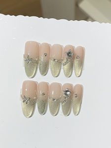 Spring Green Gradient Butterfly Flower Rhinestone Nail Art Chainside Glitter Wearable Fake Nails Shiny Decorative Nail Tips