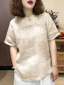 Elegant Cotton Linen Womens Top Short Sleeve Summer New Style Retro Chinese Cover up Slimming Small Shirt Korean Version Loose Fit