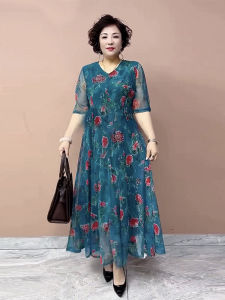 Elegant Floral Print Summer New Style Long Dress High Elastic Net Gauze Non-stop Waist Wide Hemline Taiwan Yarn A-Line Skirt