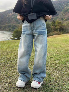 กางเกงยีนส์ทรงหลวมสไตล์อเมริกันสำหรับผู้ชาย ทรงขาตรง ทรงหลวม ทรงขากระบอกเล็ก กางเกงยีนส์ทรงหลวมสำหรับผู้ชาย