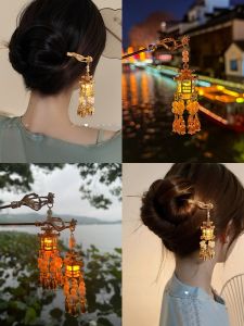 Glowing Mid-Autumn Festival Headwear DIY Lantern Coiffure Hairpin Palace Lamp Hairpin Hanfu Step-Rock Flowing Tassel
