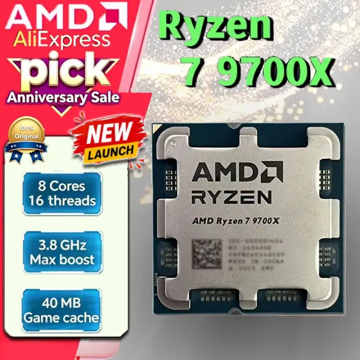 AMD | AMD R7 9700X Ryzen 7 9700X AM5 Tray CPU 8C16T 3.8GHz 32MB Cache 4nm 65W DDR5 Gaming Processor Without Cooler