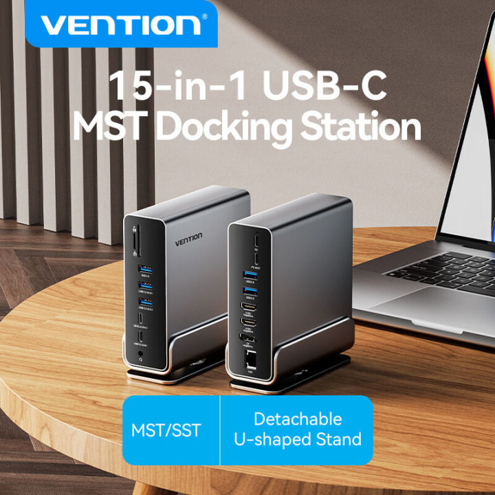 Vention 15 in 1 USB C HUB MST Vertical Docking Station Type C to HDMI 4K60Hz DP USB 3.2 3.0 A 10Gbps 3.5mm SD TF RJ45 Ethernet for Windows MacBook Laptop Thunderbolt 4 Type C Hub
