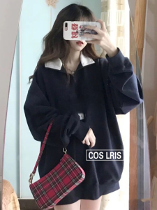 OOTD BM Womens Clothing Chicago Embroider Letter Pattern Polo Lapel BM Loose Sweater Female Laid-Back Coat Female