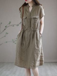 Slimming Summer Dress with Waist Shaping Mid-Length Sleeveless Shirt Style